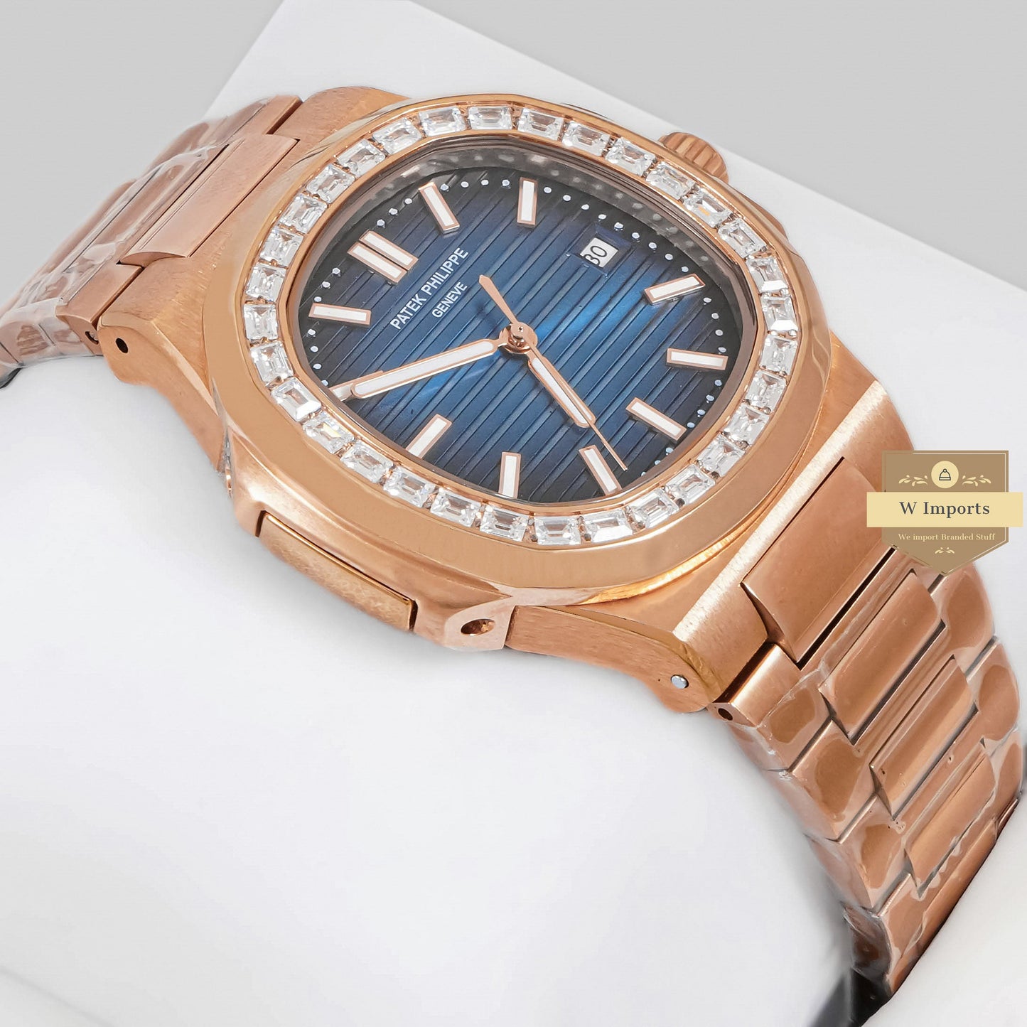 LATEST COLLECTION ROSE GOLD WITH BLUE DIAL STONE BEZEL AUTOMATIC WATCH