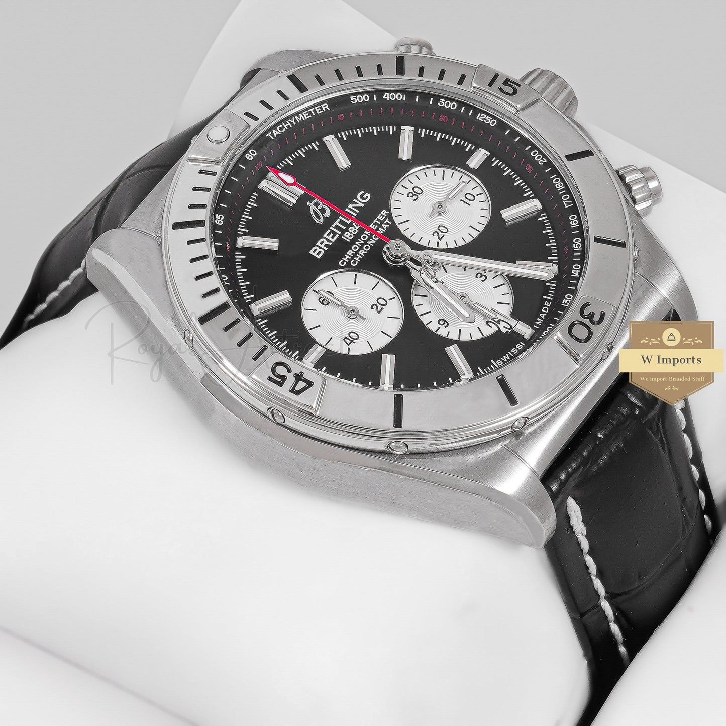 LATEST COLLECTION CHRONOGRAPH SILVER WITH BLACK DIAL AND LEATHER STRAP