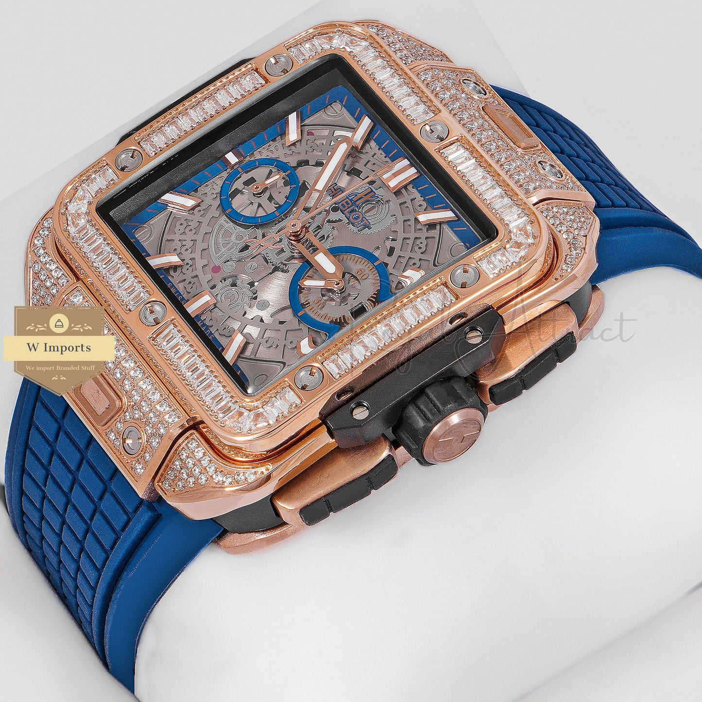 LATEST PREMIUM COLLECTION CHRONOGRAPH ROSE GOLD STONE BEZEL & BLACK DIAL WITH PVC STRAP