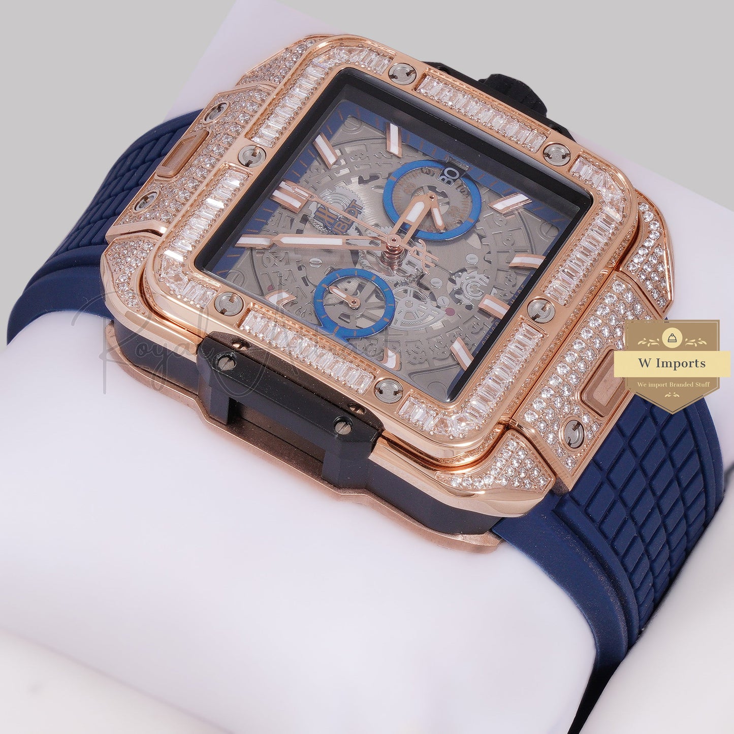LATEST PREMIUM COLLECTION CHRONOGRAPH ROSE GOLD STONE BEZEL & BLACK DIAL WITH PVC STRAP