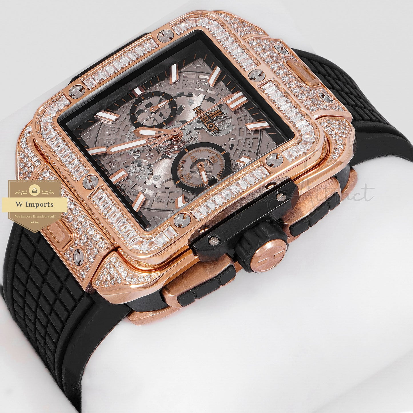 Latest Premium Collection Chronograph Rose Gold Stone Bezel & Skeleton Dial With Pvc Strap For Men