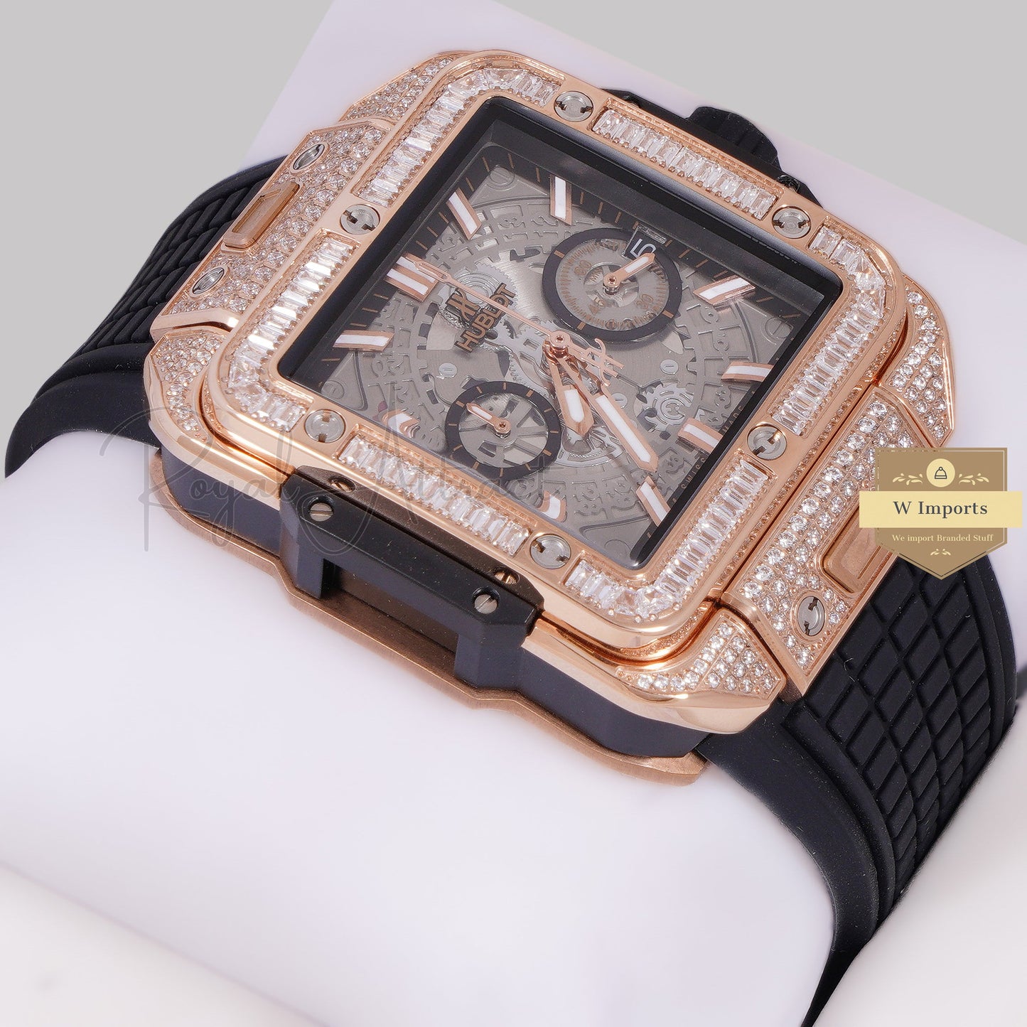 Latest Premium Collection Chronograph Rose Gold Stone Bezel & Skeleton Dial With Pvc Strap For Men