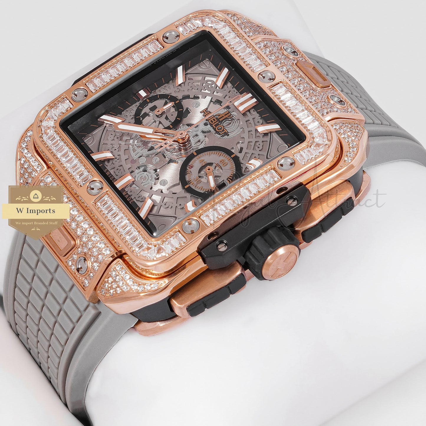 LATEST PREMIUM COLLECTION CHRONOGRAPH ROSE GOLD STONE BEZEL & SKELETON DIAL WITH PVC STRAP