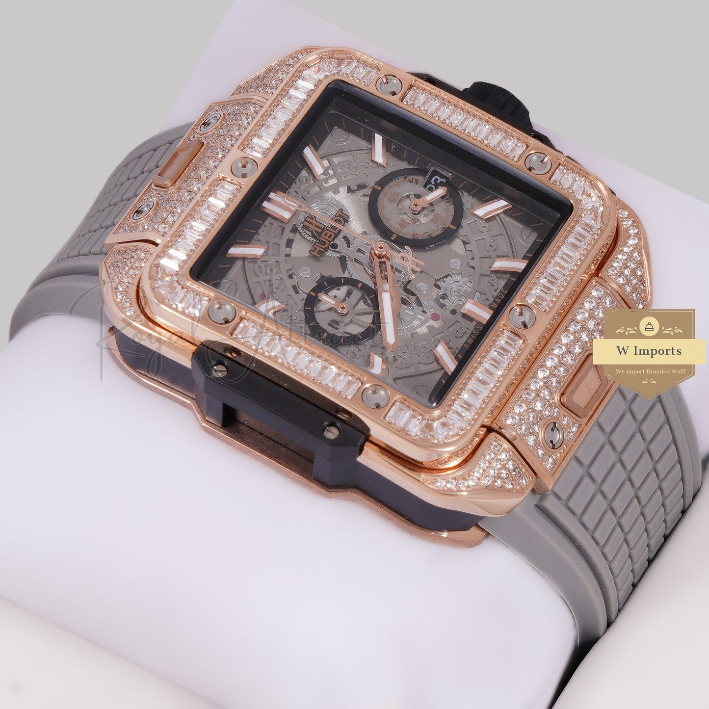 LATEST PREMIUM COLLECTION CHRONOGRAPH ROSE GOLD STONE BEZEL & SKELETON DIAL WITH PVC STRAP
