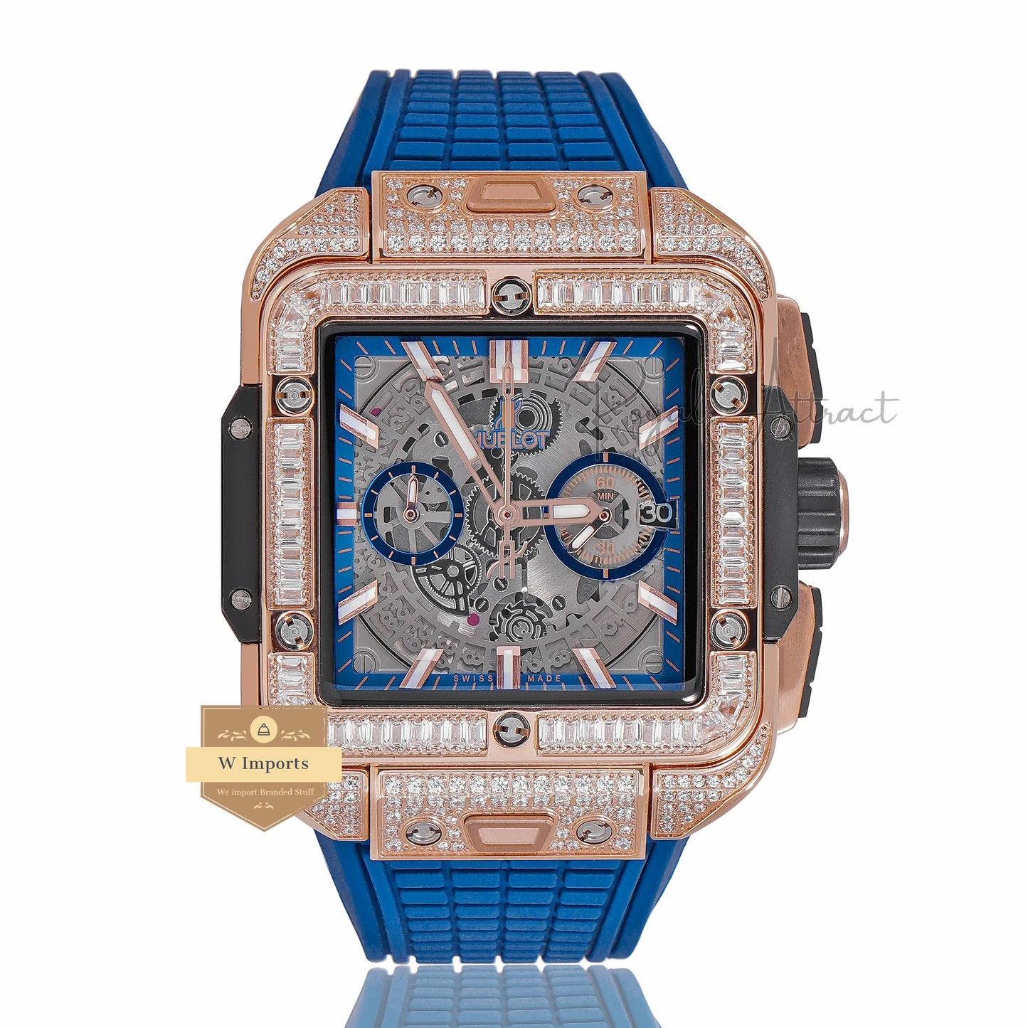 LATEST PREMIUM COLLECTION CHRONOGRAPH ROSE GOLD STONE BEZEL & BLACK DIAL WITH PVC STRAP