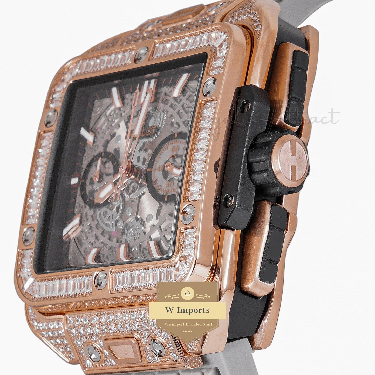 LATEST PREMIUM COLLECTION CHRONOGRAPH ROSE GOLD STONE BEZEL & SKELETON DIAL WITH PVC STRAP