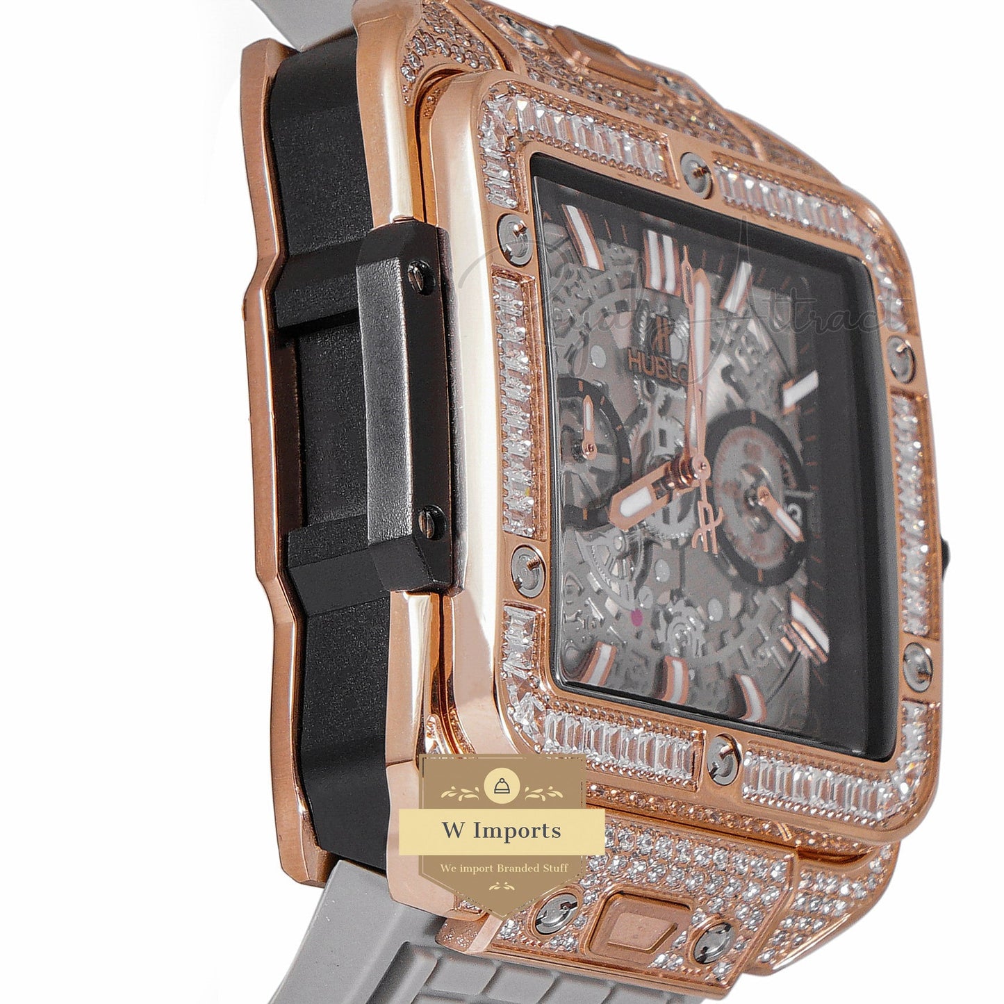 LATEST PREMIUM COLLECTION CHRONOGRAPH ROSE GOLD STONE BEZEL & SKELETON DIAL WITH PVC STRAP