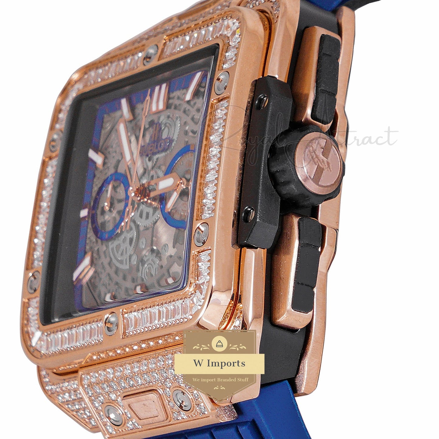 LATEST PREMIUM COLLECTION CHRONOGRAPH ROSE GOLD STONE BEZEL & BLACK DIAL WITH PVC STRAP