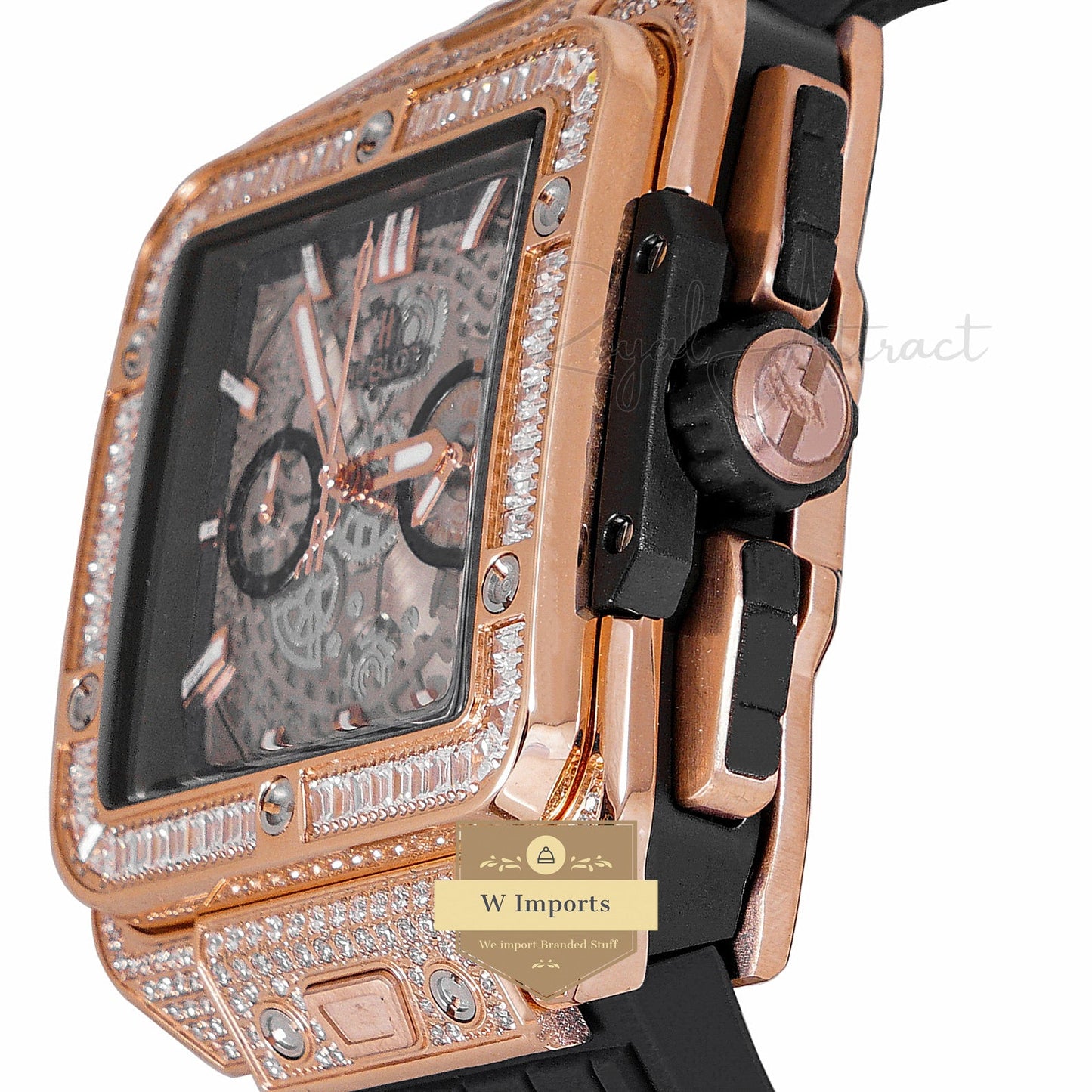 Latest Premium Collection Chronograph Rose Gold Stone Bezel & Skeleton Dial With Pvc Strap For Men