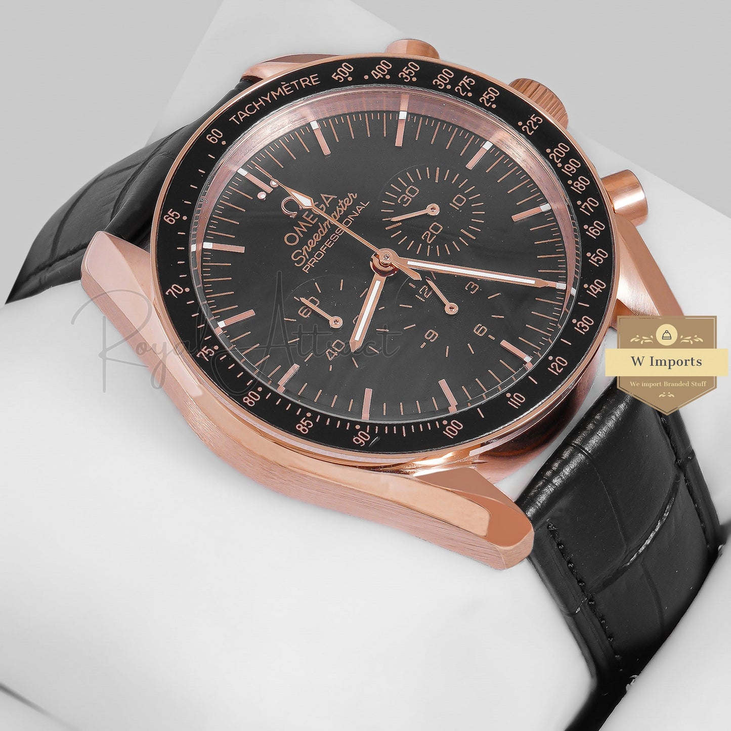 LATEST COLLECTION CHRONOGRAPH ROSE GOLD CASE WITH BLACK DIAL AND LEATHER STRAP