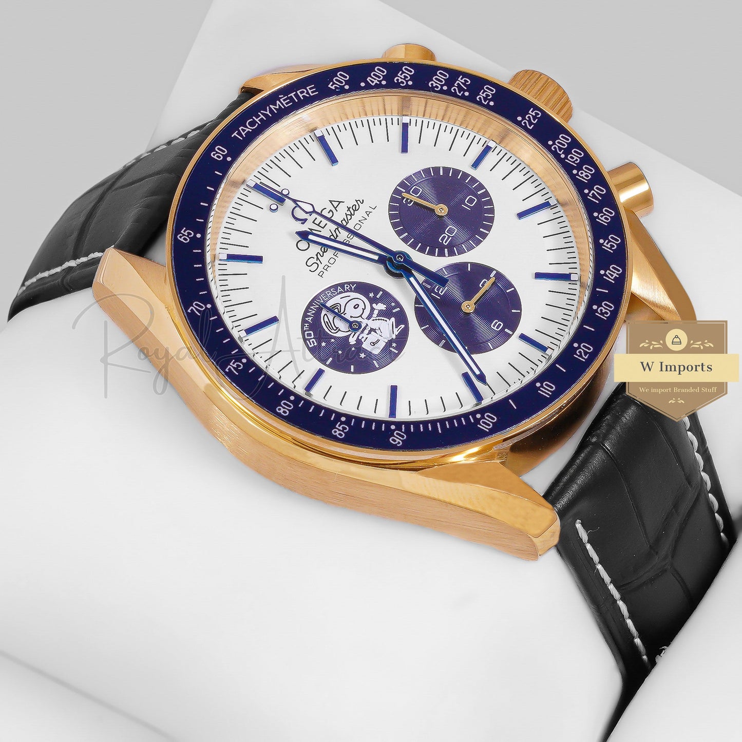 LATEST COLLECTION CHRONOGRAPH YELLOW GOLD CASE WITH WHITE DIAL AND LEATHER STRAP WATCH