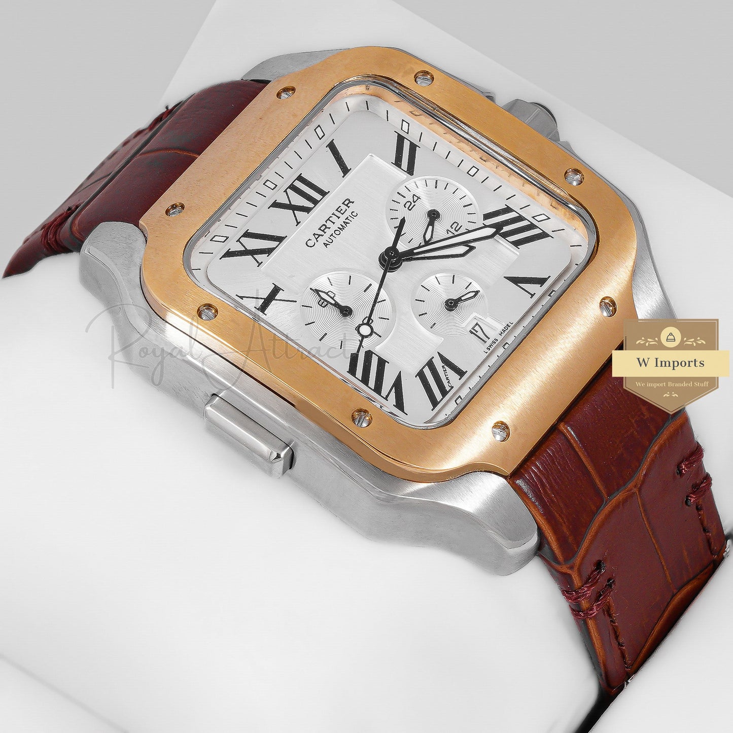 Latest Collection Chronograph Silver Case With Dial Golden Bezel Strap Watch