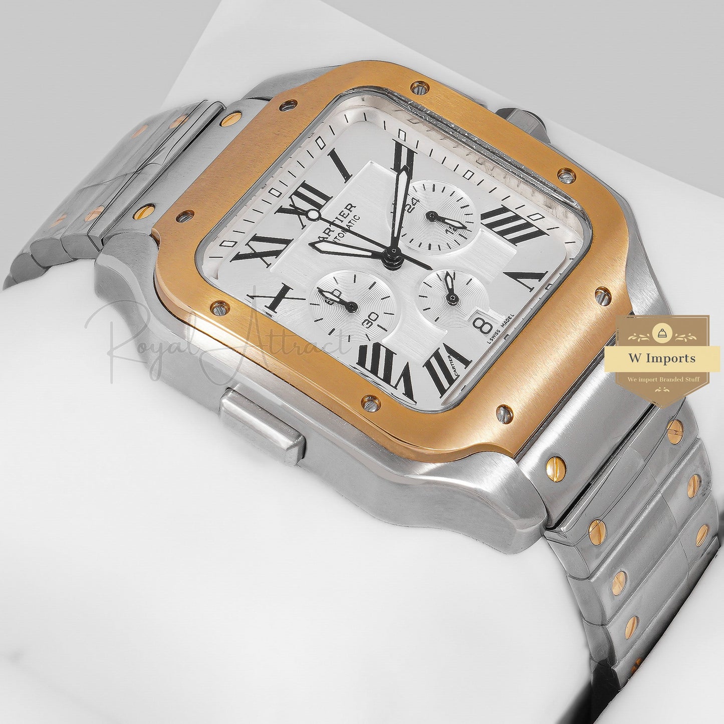 Latest Collection Chronograph Two Tone Yellow Gold With Silver Dial Chain Watch