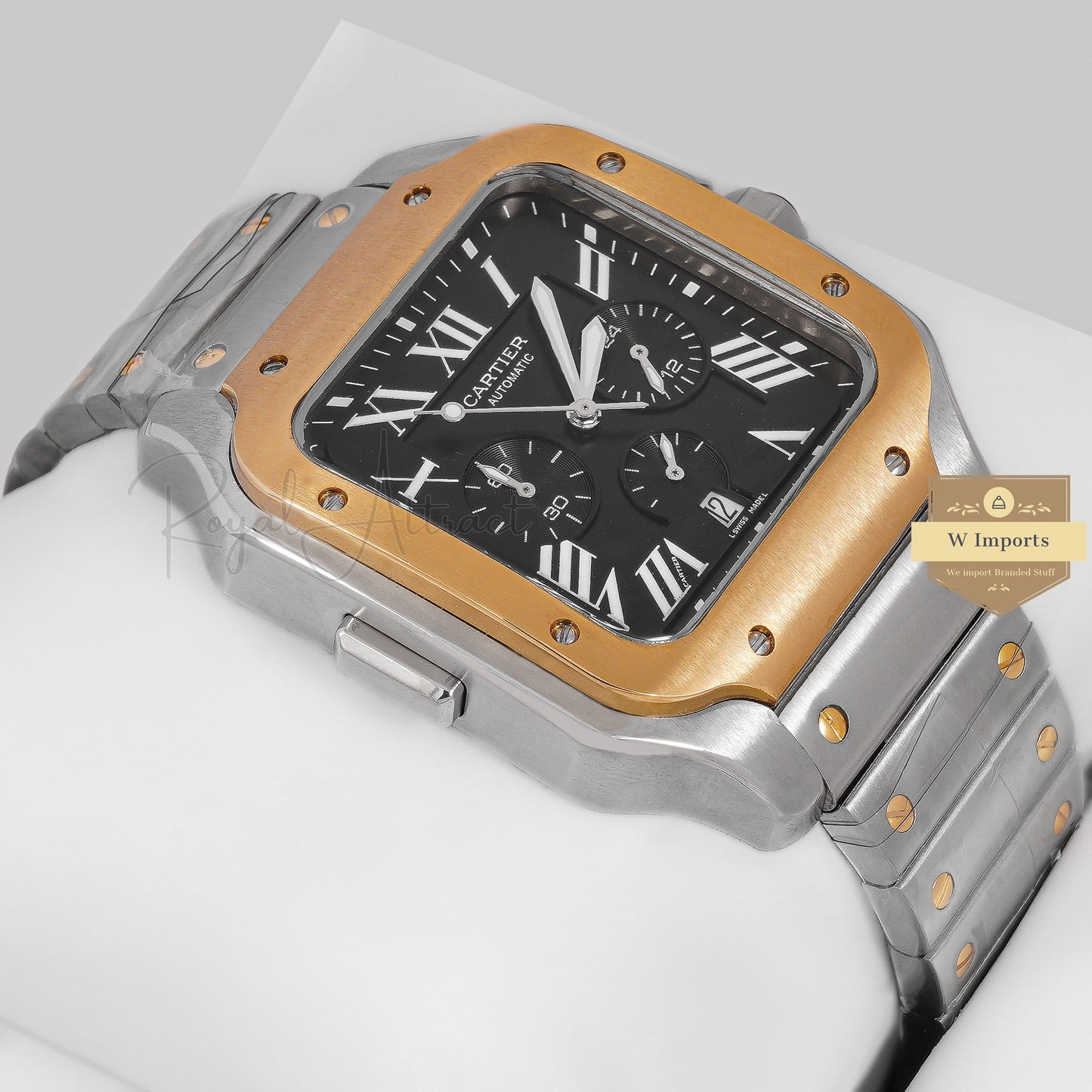 Latest Collection Chronograph Two Tone Yellow Gold With Black Dial Chain Watch