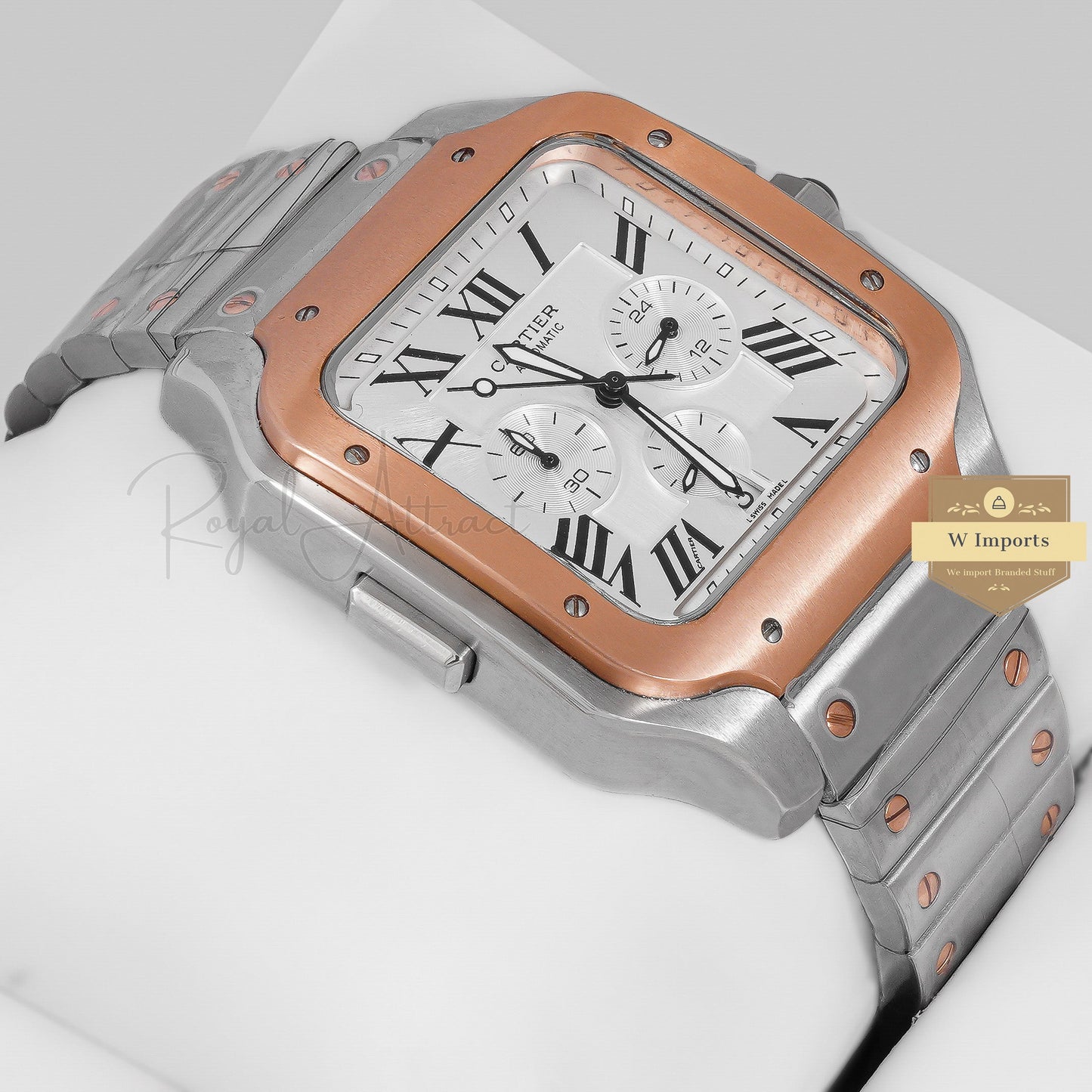 Latest Collection Chronograph Two Tone Rose Gold With Silver Dial Chain Watch