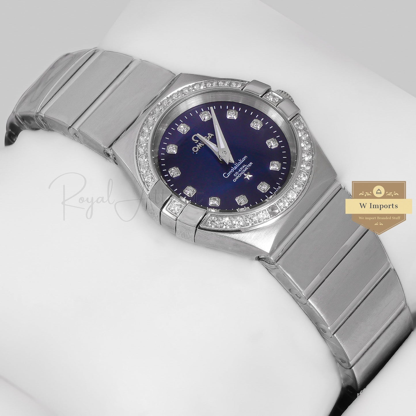Latest Collection Silver With Blue Dial Stone Figure & Bezel Ladies Watch