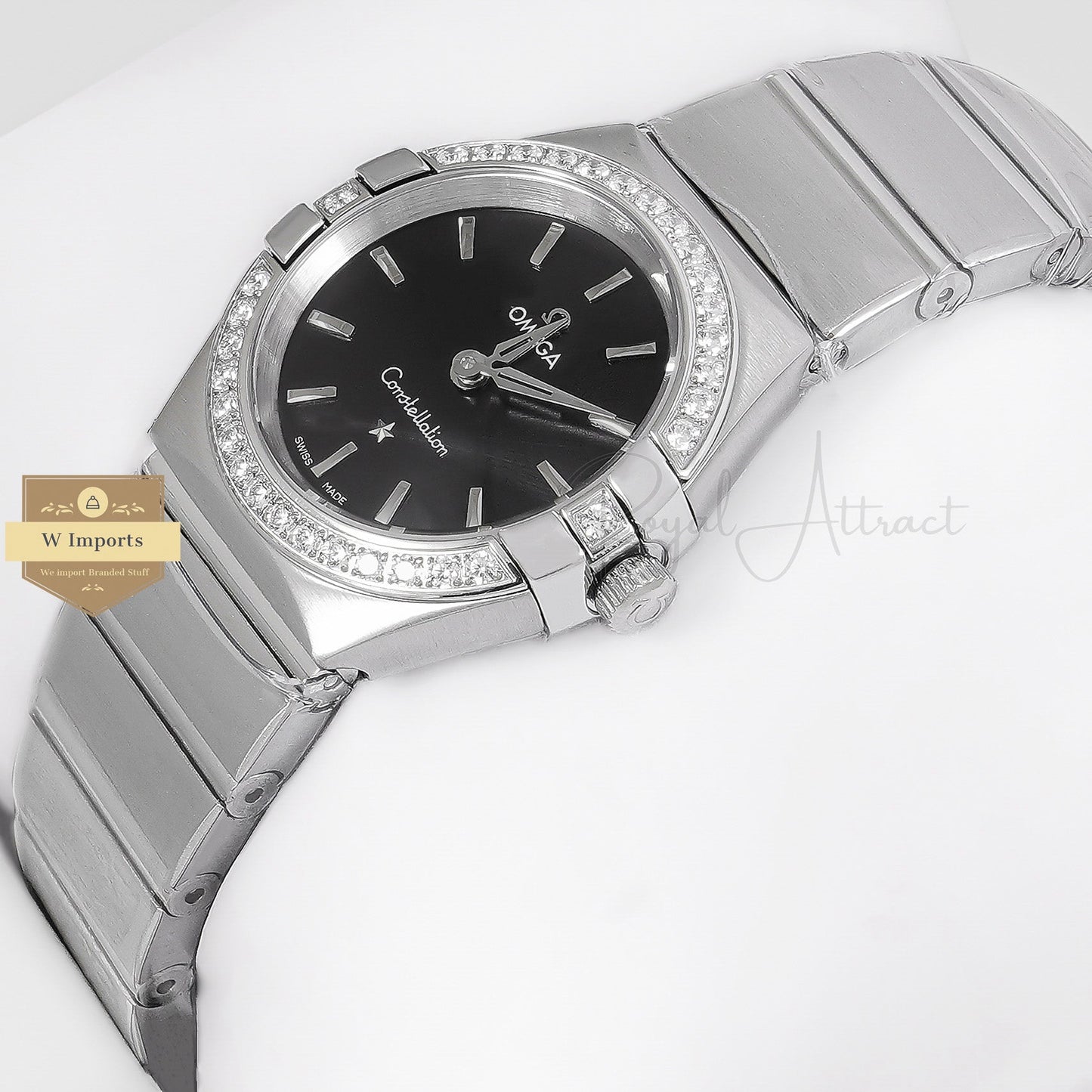 Latest Collection Silver With Black Dial Stone Bezel Ladies Watch