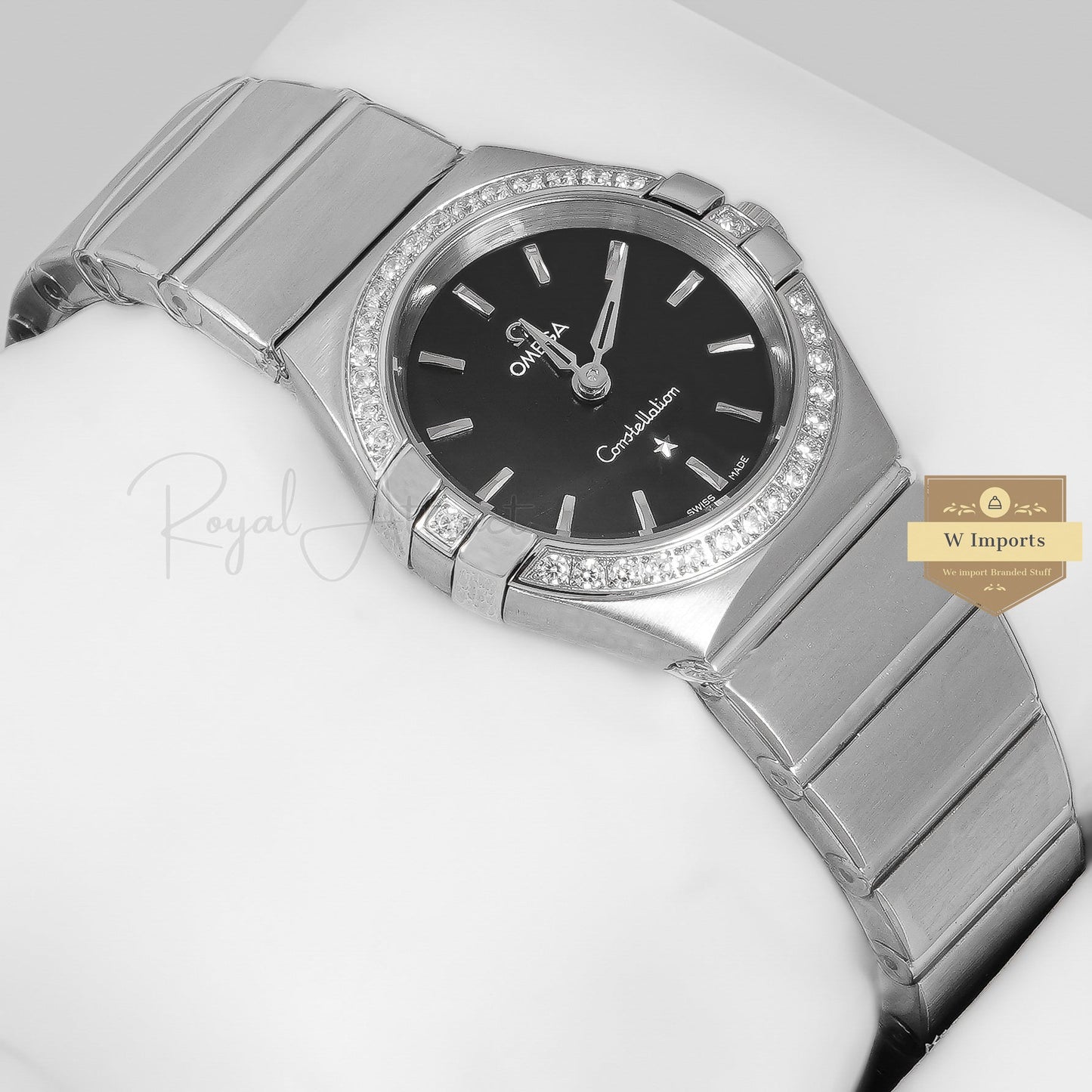 Latest Collection Silver With Black Dial Stone Bezel Ladies Watch