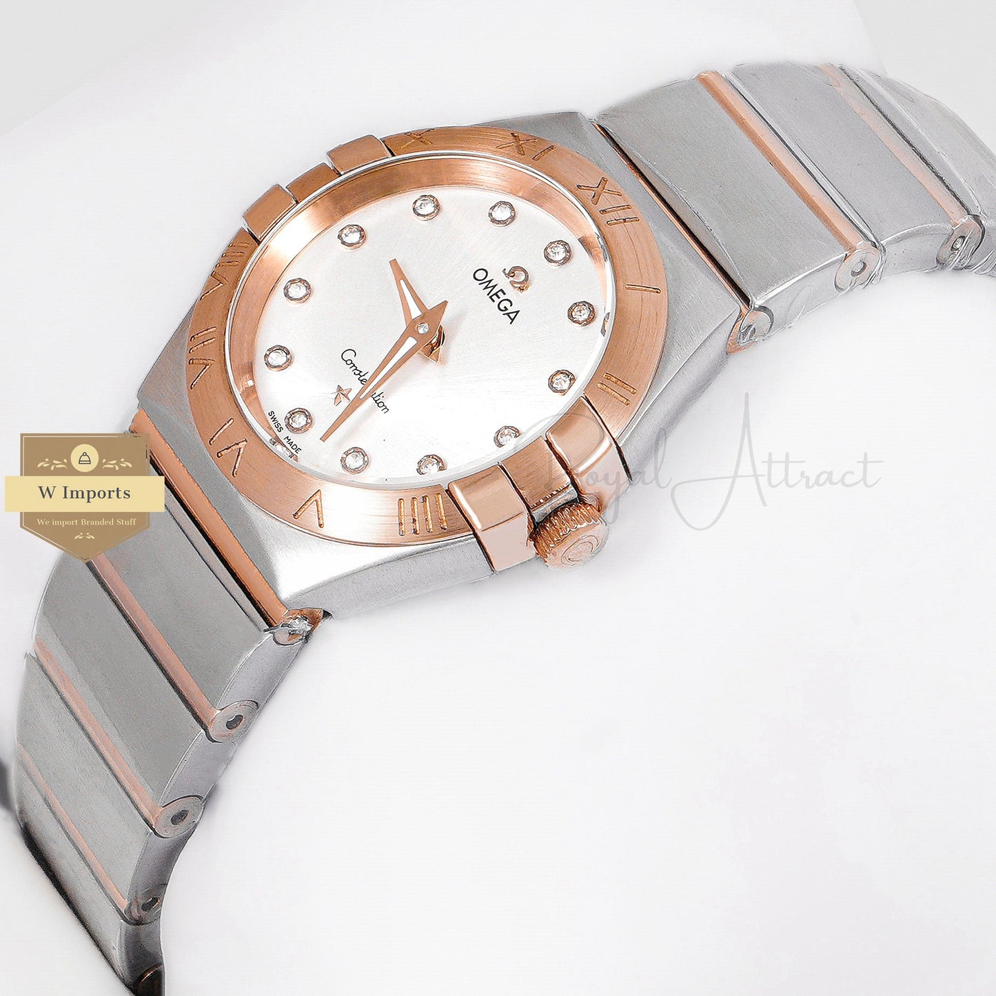 Latest Collection Two Tone Rose Gold With Silver Dial Stone Figure Ladies Watch