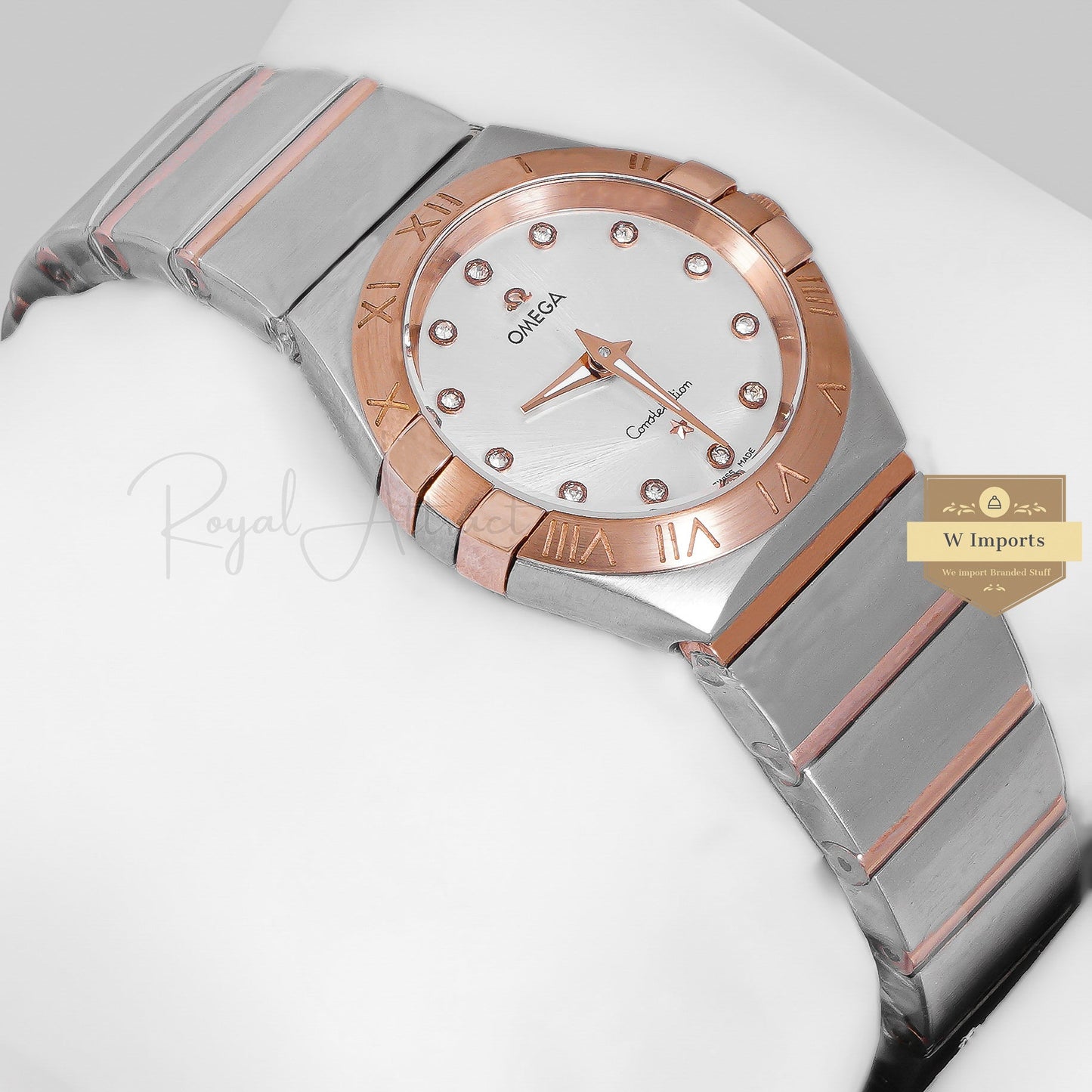 Latest Collection Two Tone Rose Gold With Silver Dial Stone Figure Ladies Watch