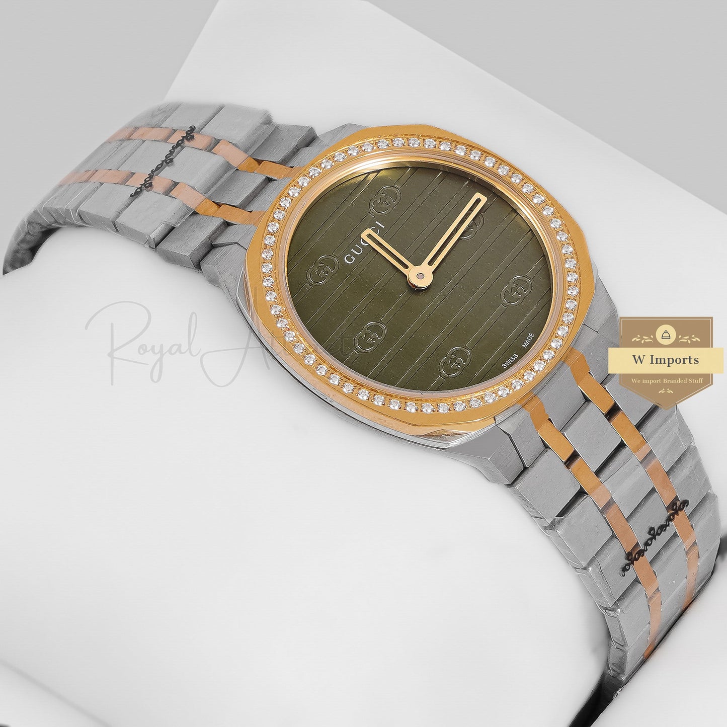 LATEST COLLECTION TWO TONE YELLOW GOLD WITH GREEN DIAL STONE BEZEL LADIES WATCH