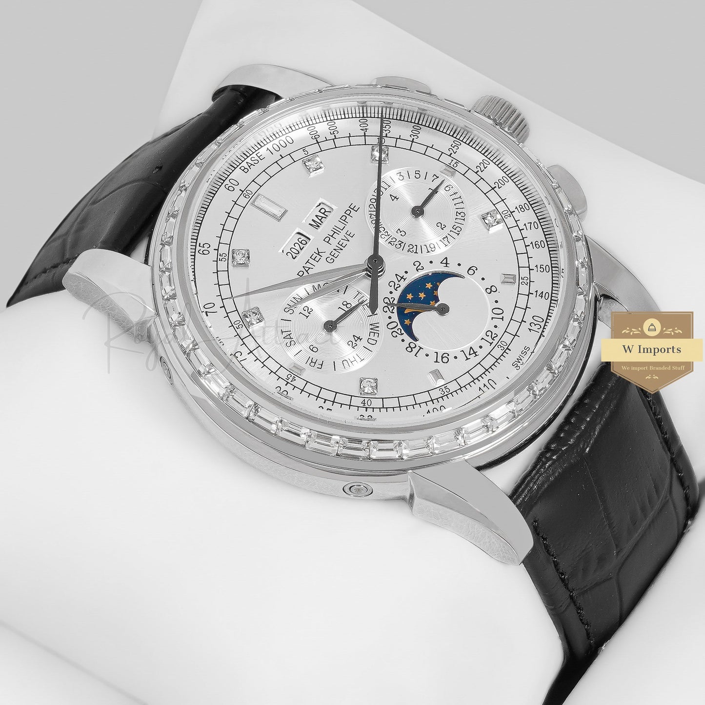 LATEST COLLECTION CHRONOGRAPH SILVER CASE WITH DIAL & BLACK LEATHER STRAP