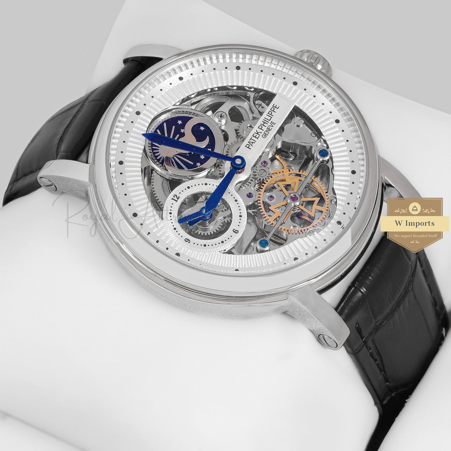 Latest Collection Tourbillon Moon Phase Silver Case With Skeleton Dial & Leather Strap Watch For men