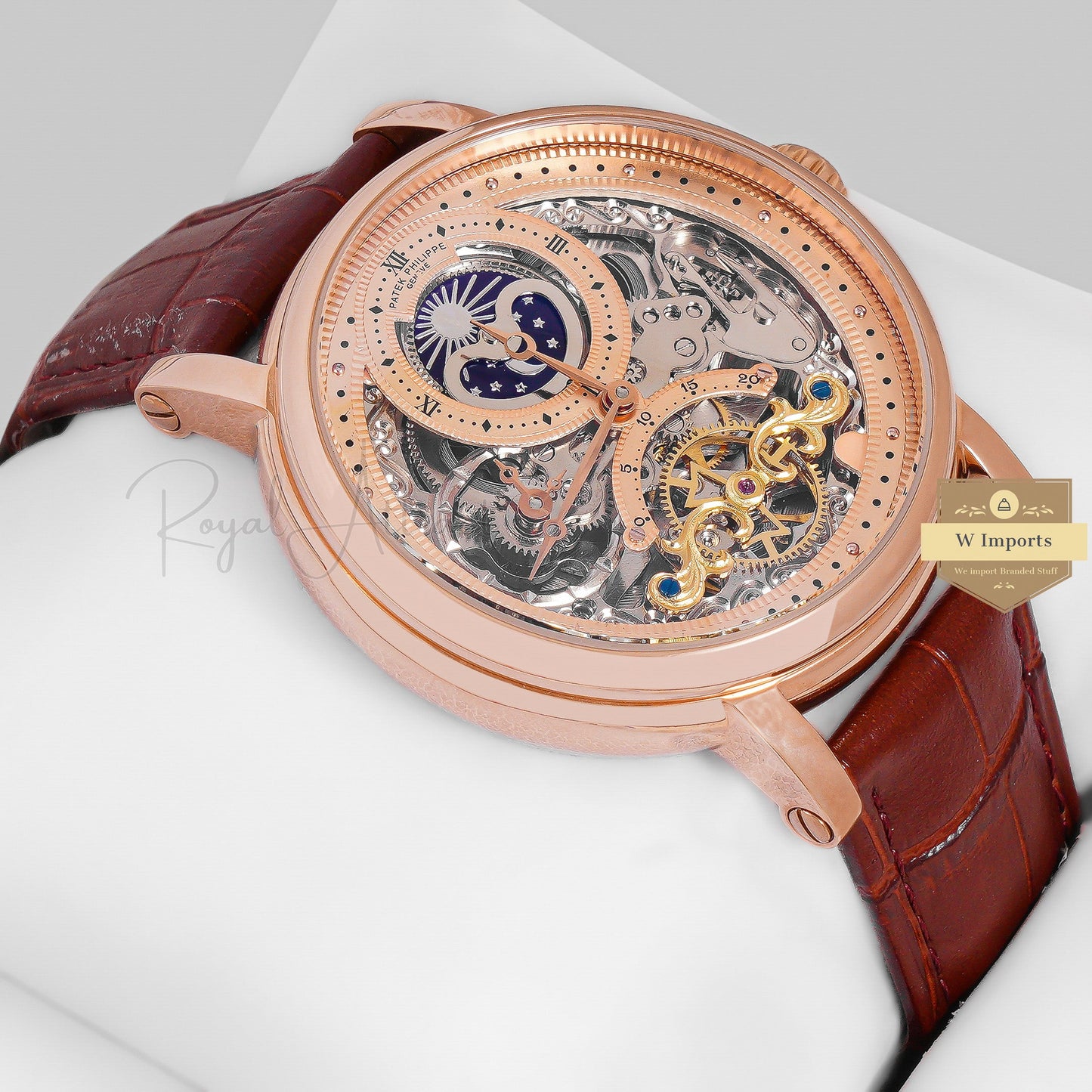 LATEST COLLECTION TOURBILLON MOON PHASE ROSE GOLD CASE WITH SKELETON DIAL & BROWN LEATHER STRAP