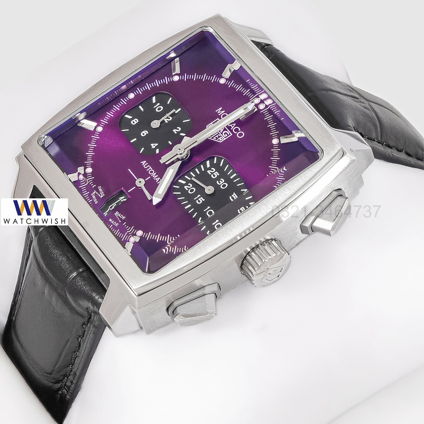 Latest Collection Chronograph Silver Case With Purple Dial Leather Strap