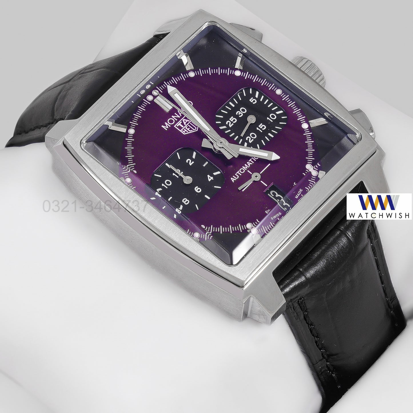 Latest Collection Chronograph Silver Case With Purple Dial Leather Strap