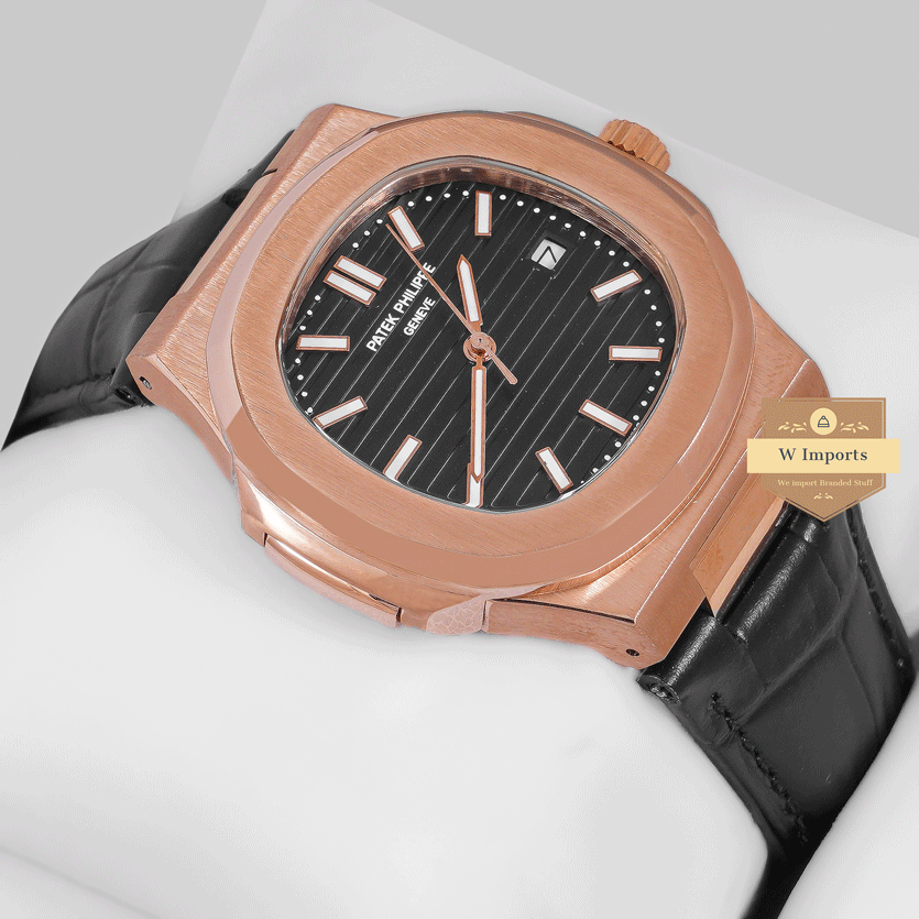 Latest Collection Rose Gold Case With Black Dial & Leather Strap