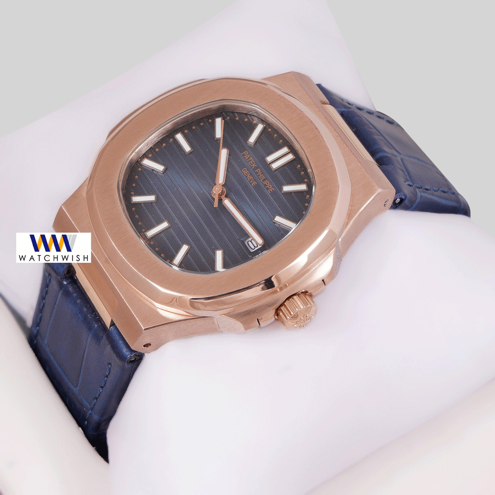 Latest Collection Rose Gold Case With Blue Dial & Leather Strap
