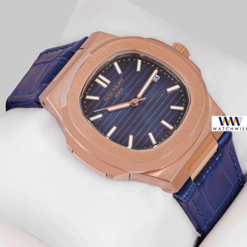 Latest Collection Rose Gold Case With Blue Dial & Leather Strap