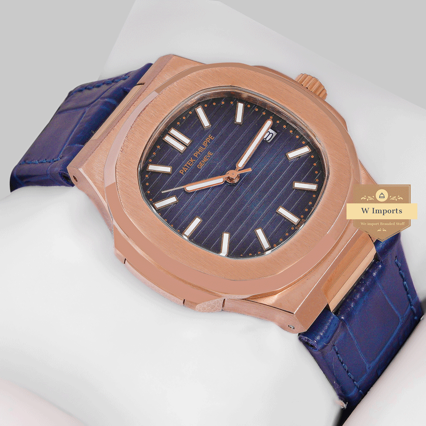 Latest Collection Rose Gold Case With Blue Dial & Leather Strap