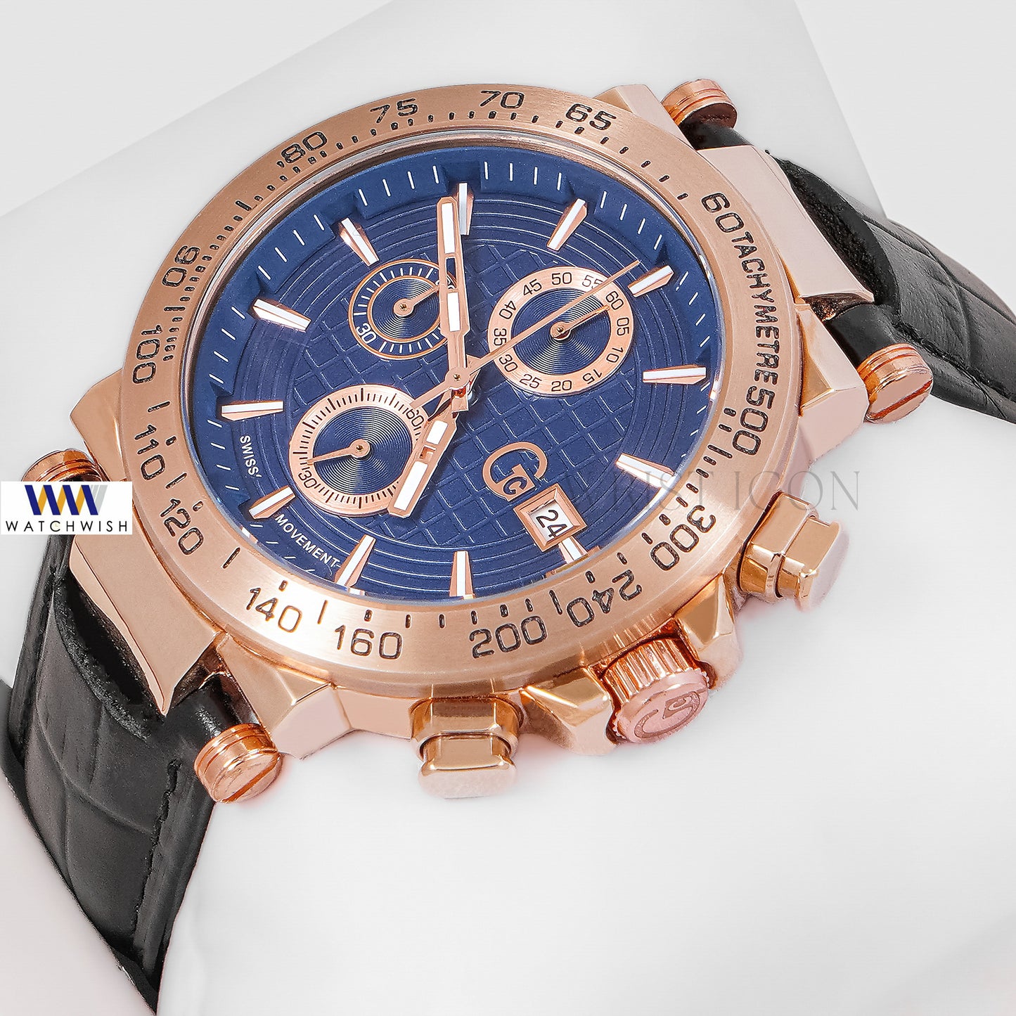 LATEST COLLECTION CHRONOGRAPH ROSE GOLD CASE WITH BLUE DIAL & BLACK LEATHER STRAP