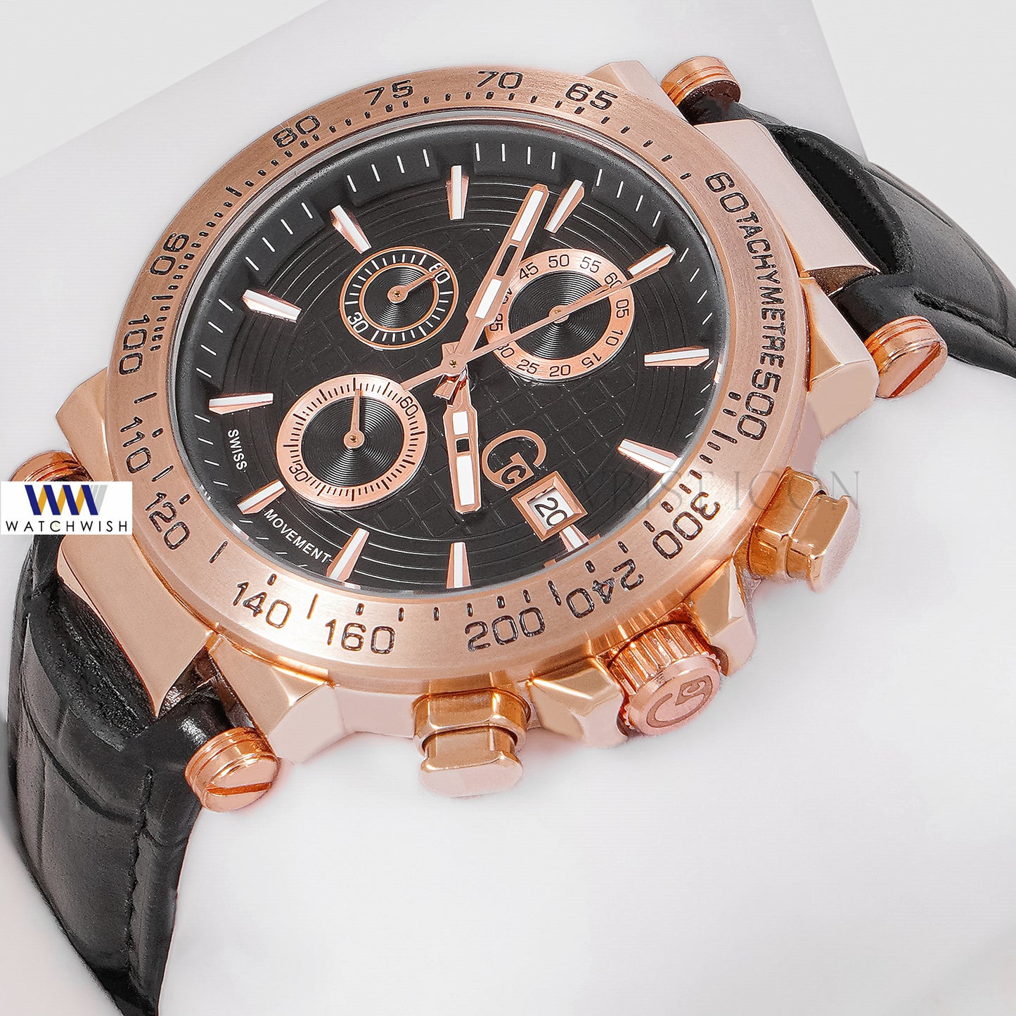 LATEST COLLECTION CHRONOGRAPH ROSE GOLD CASE WITH BLACK DIAL & LEATHER STRAP