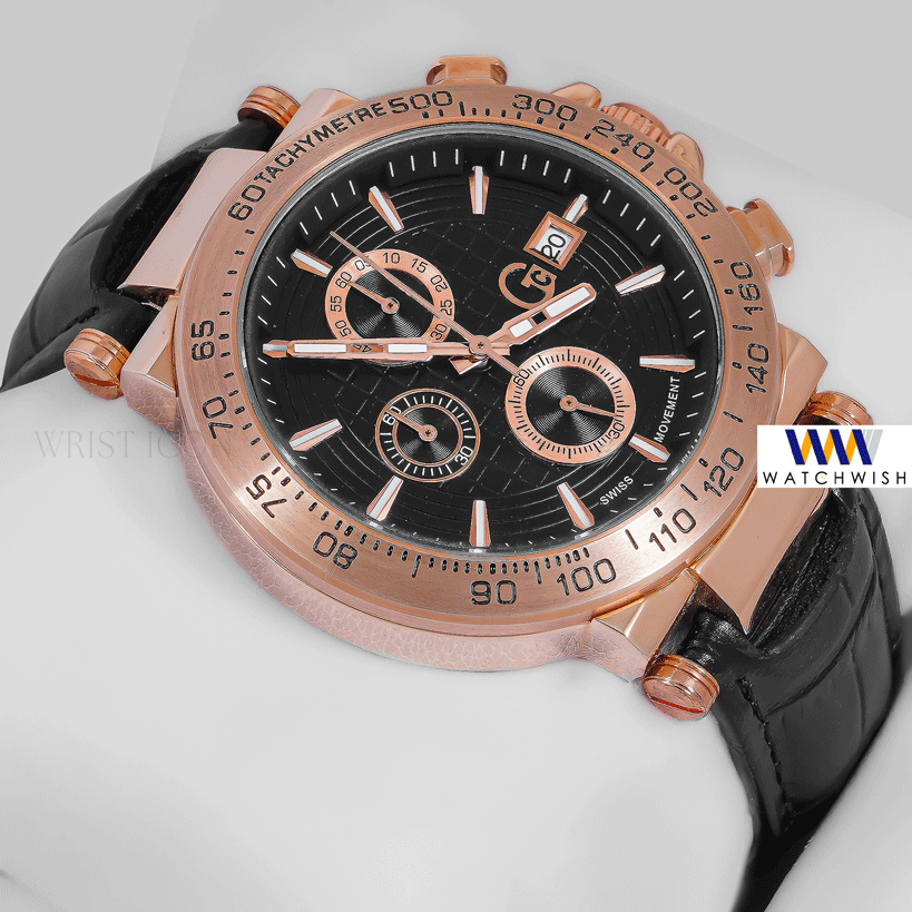 LATEST COLLECTION CHRONOGRAPH ROSE GOLD CASE WITH BLACK DIAL & LEATHER STRAP