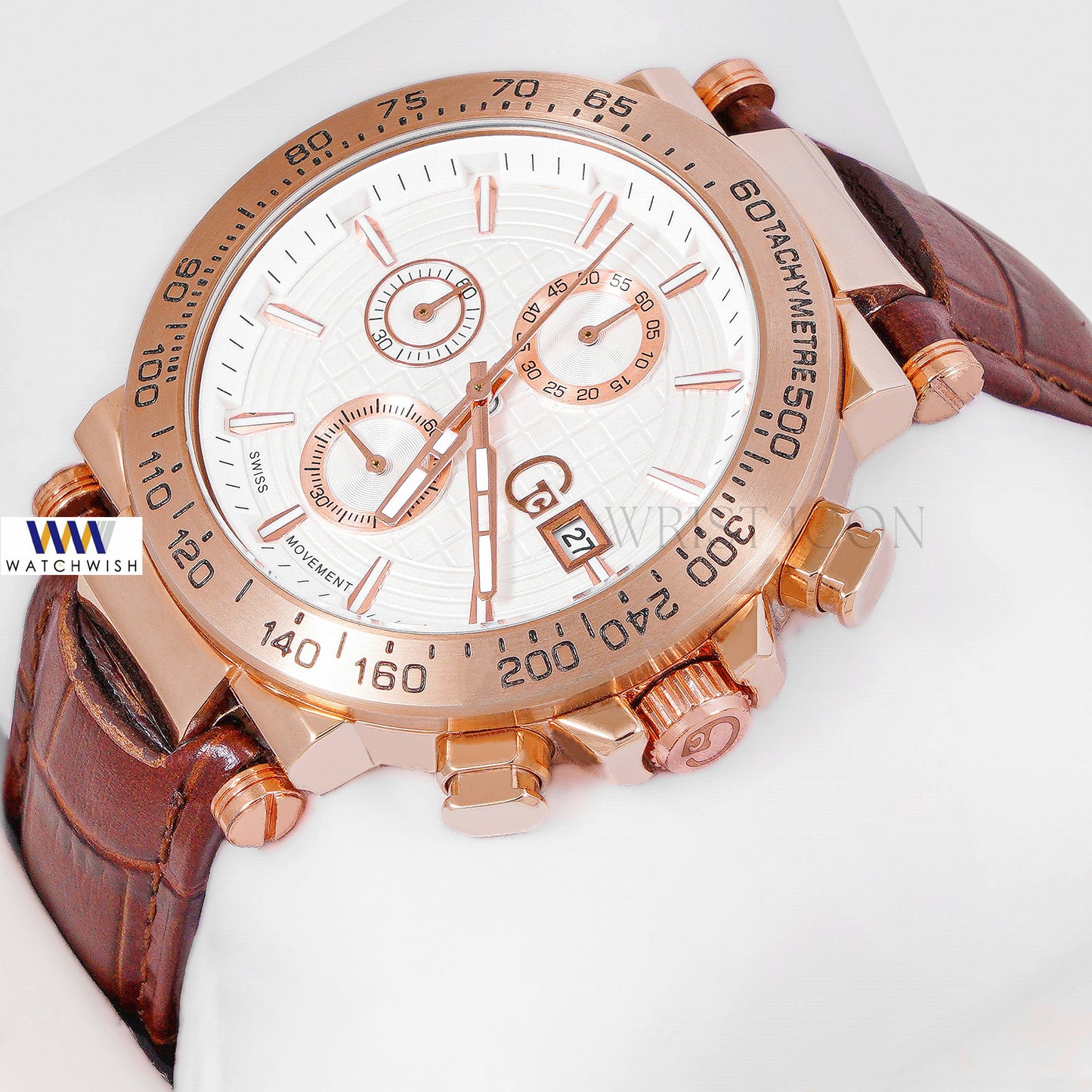 LATEST COLLECTION CHRONOGRAPH ROSE GOLD CASE WITH WHITE DIAL & BROWN LEATHER STRAP