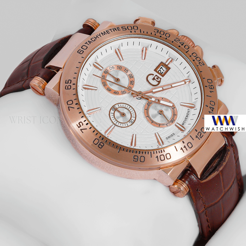 LATEST COLLECTION CHRONOGRAPH ROSE GOLD CASE WITH WHITE DIAL & BROWN LEATHER STRAP