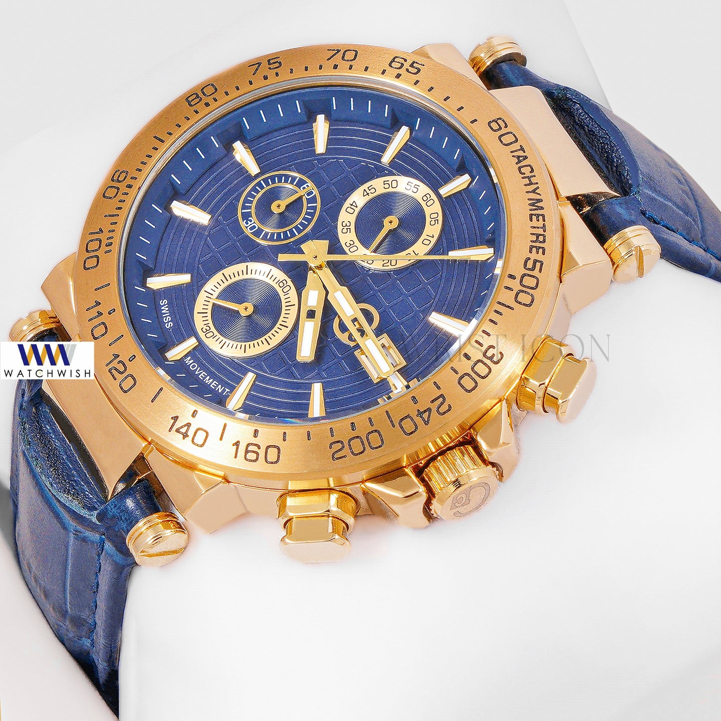 LATEST COLLECTION CHRONOGRAPH YELLOW GOLD CASE WITH BLUE DIAL & BLUE LEATHER STRAP