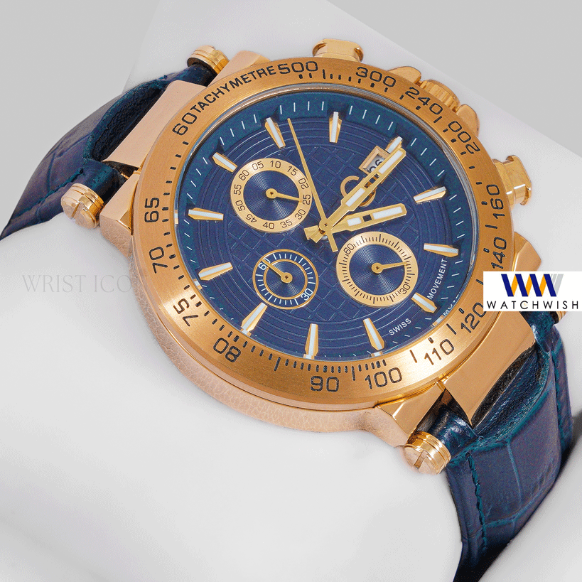 LATEST COLLECTION CHRONOGRAPH YELLOW GOLD CASE WITH BLUE DIAL & BLUE LEATHER STRAP