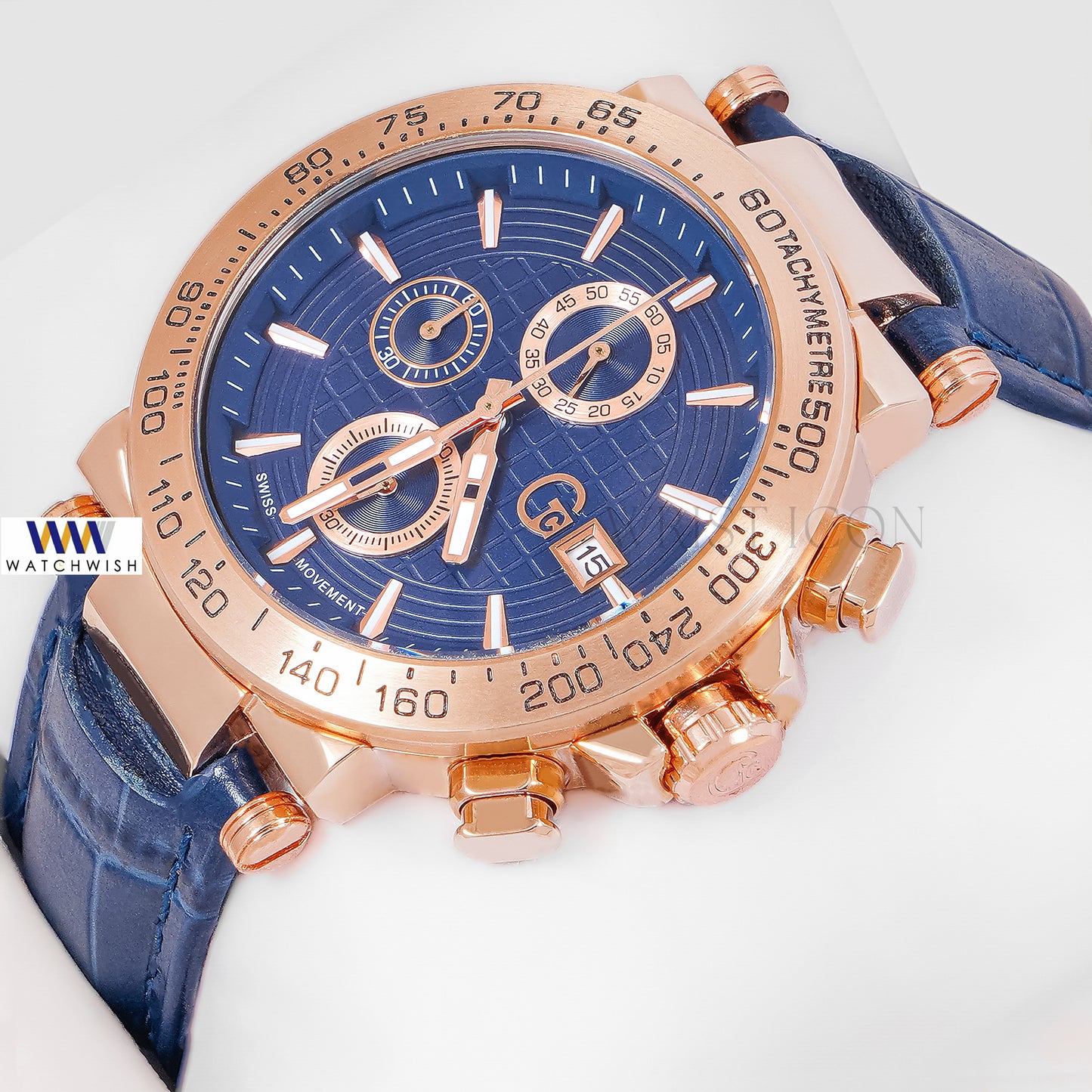 LATEST COLLECTION CHRONOGRAPH ROSE GOLD CASE WITH BLUE DIAL & BLUE LEATHER STRAP
