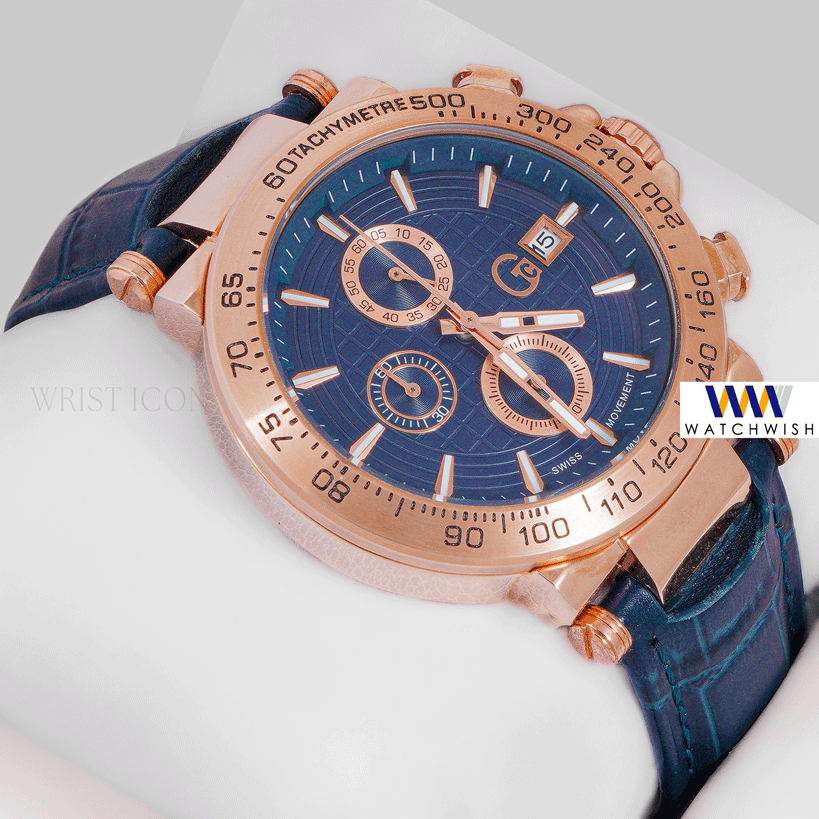 LATEST COLLECTION CHRONOGRAPH ROSE GOLD CASE WITH BLUE DIAL & BLUE LEATHER STRAP