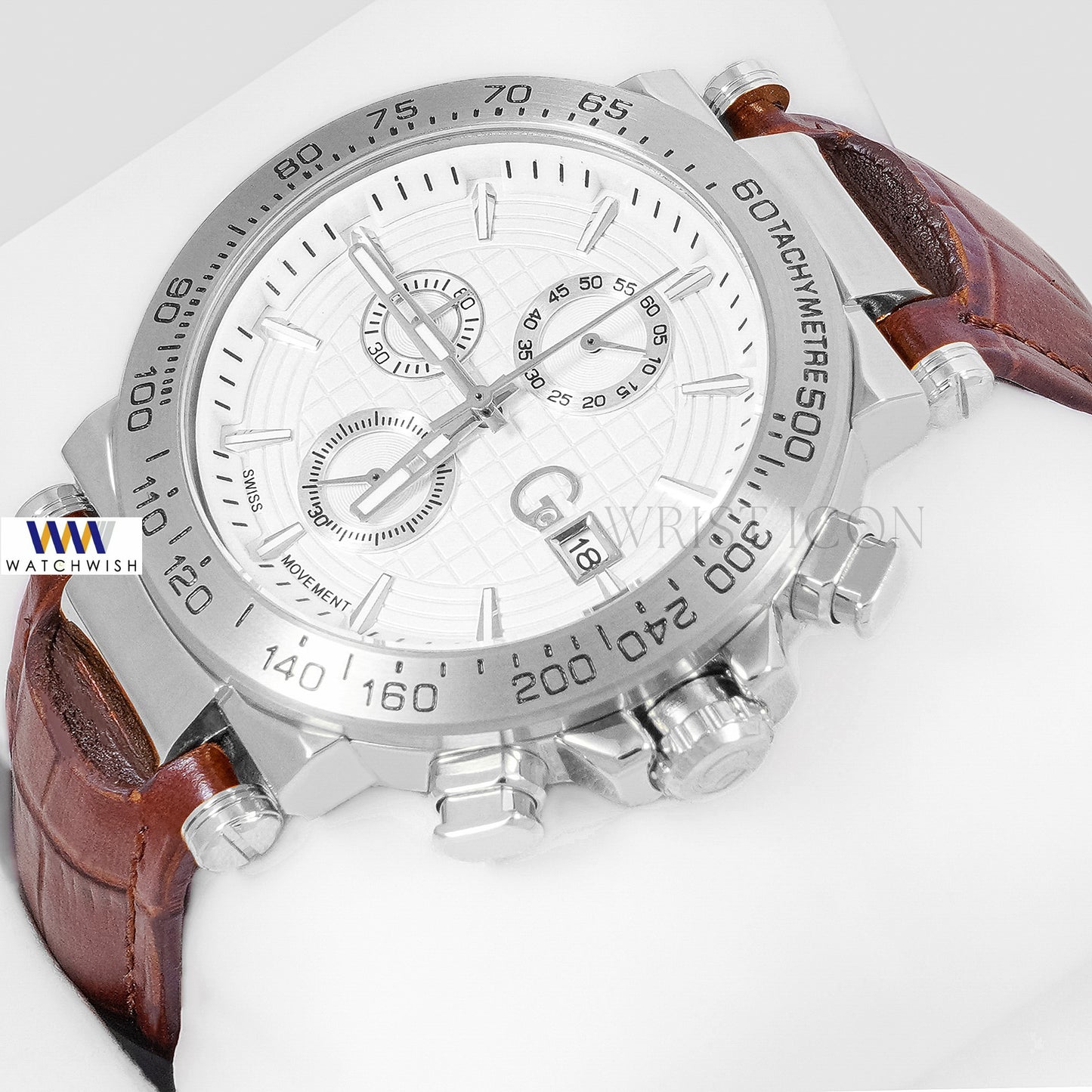 LATEST COLLECTION CHRONOGRAPH SILVER CASE WITH WHITE DIAL & LEATHER STRAP