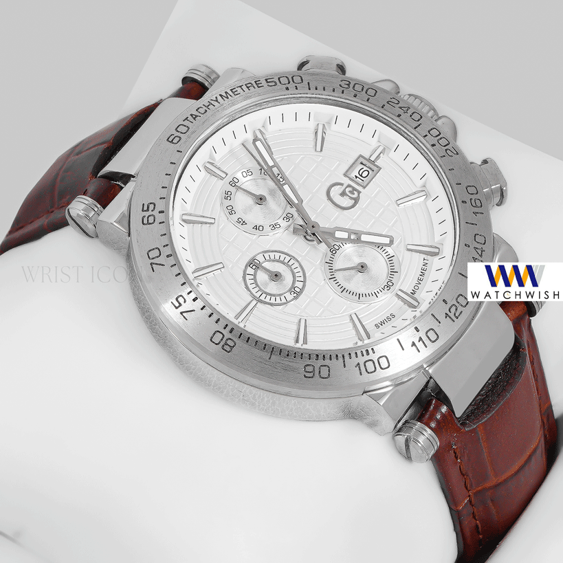 LATEST COLLECTION CHRONOGRAPH SILVER CASE WITH WHITE DIAL & LEATHER STRAP