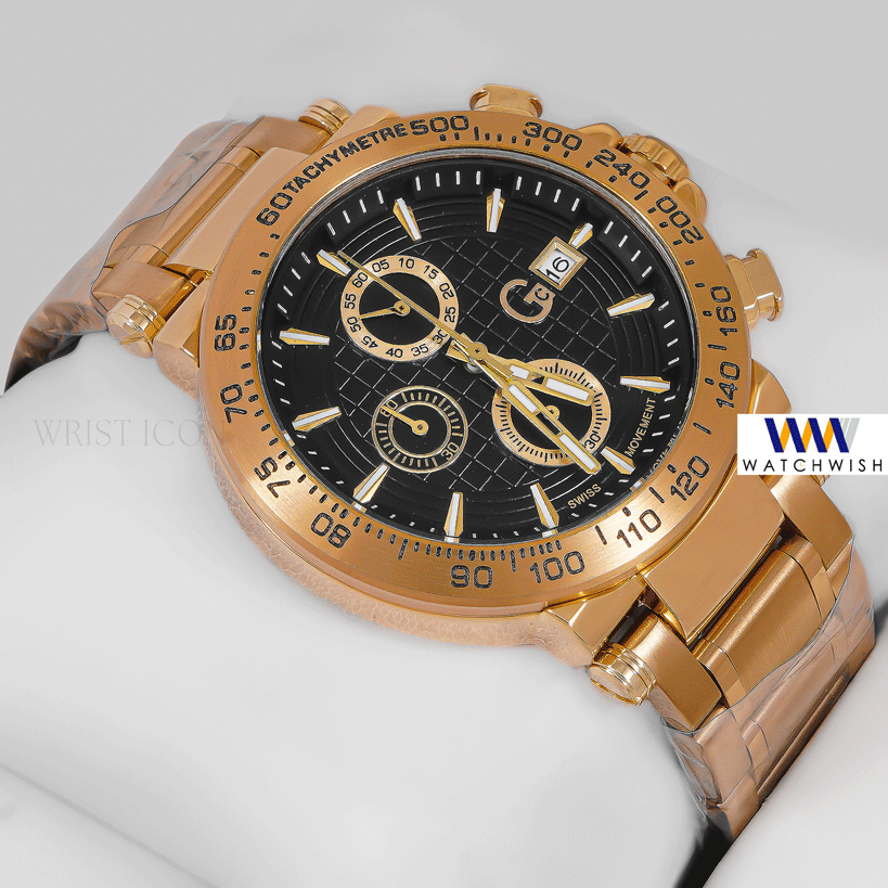 LATEST COLLECTION CHRONOGRAPH YELLOW GOLD CASE WITH BLACK DIAL CHAIN WATCH