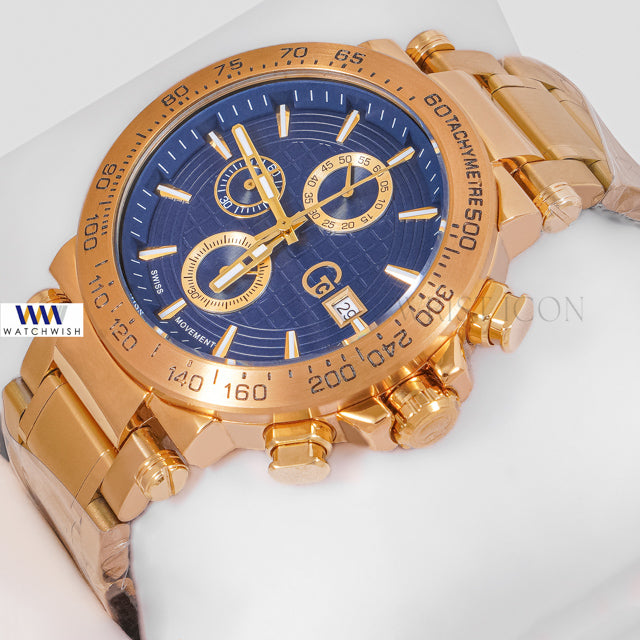 LATEST COLLECTION CHRONOGRAPH YELLOW GOLD CASE WITH BLUE DIAL CHAIN WATCH