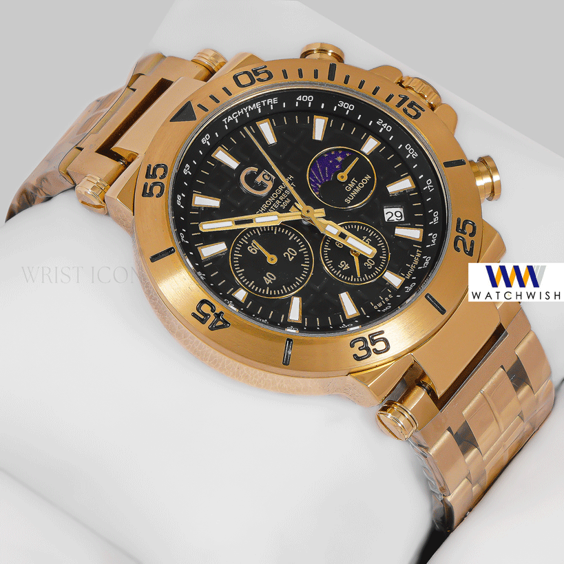 LATEST COLLECTION CHRONOGRAPH YELLOW GOLD CASE WITH BLACK DIAL CHAIN WATCH