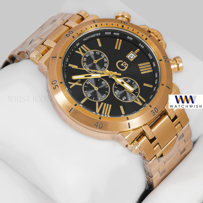 LATEST COLLECTION CHRONOGRAPH YELLOW GOLD WITH BLACK DIAL CHAIN WATCH