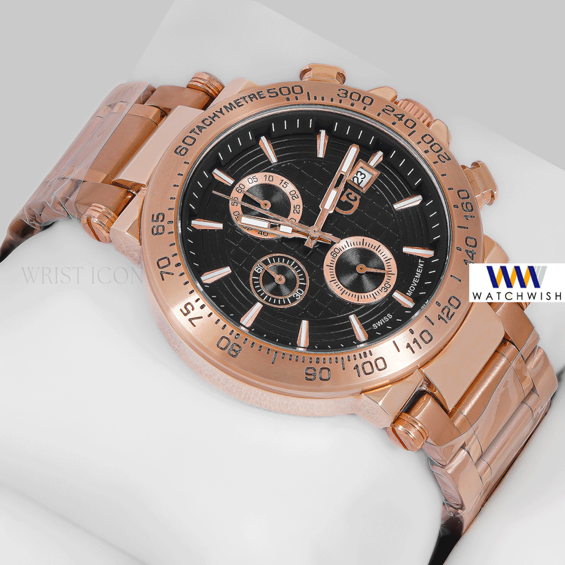 LATEST COLLECTION CHRONOGRAPH ROSE GOLD WITH BLACK DIAL CHAIN WATCH